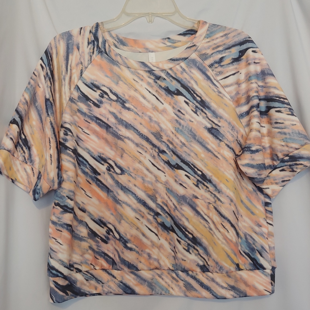 Tee Tahari Marbled Watercolor Stripe Short Sleeve Top, Size L